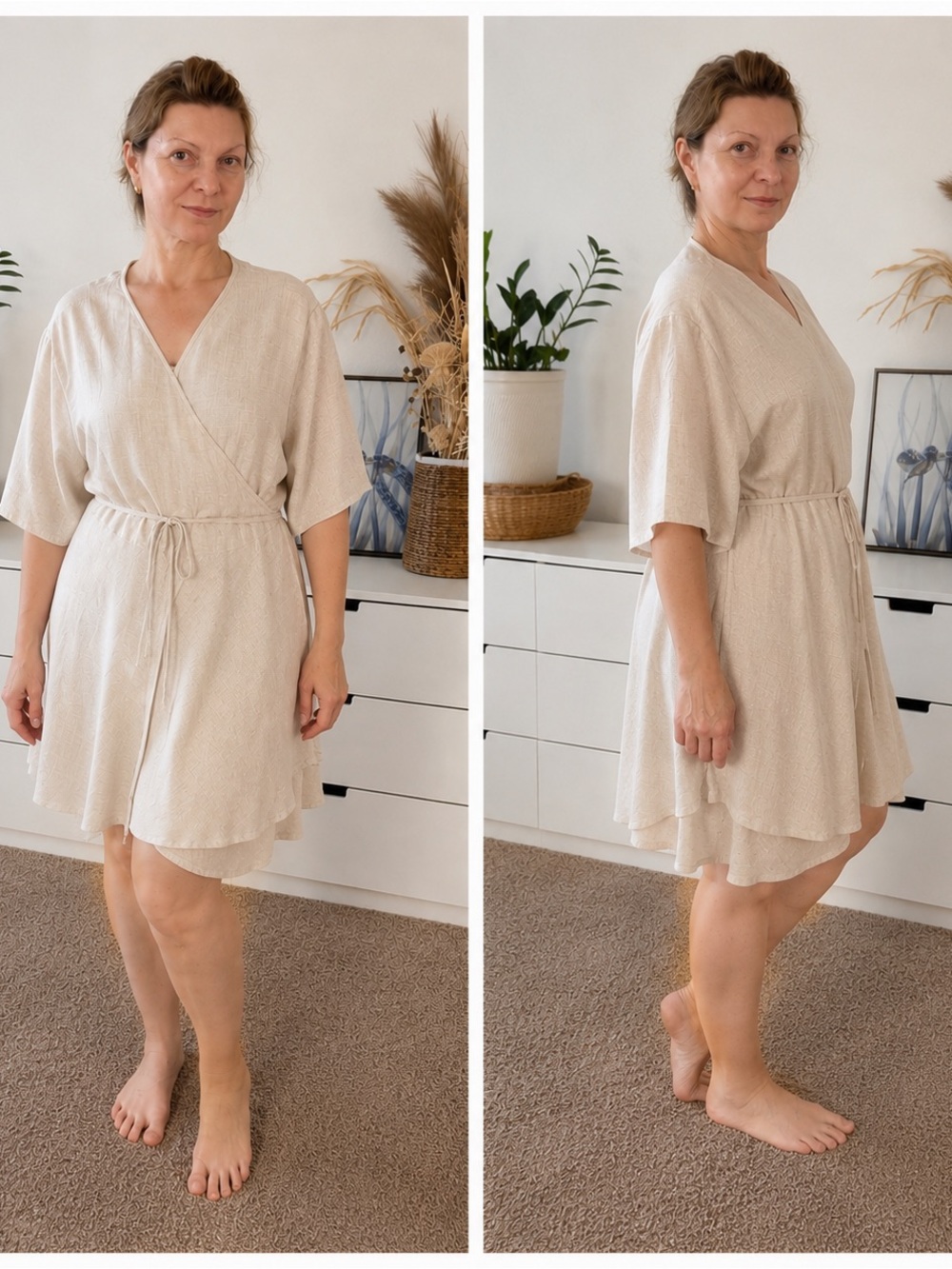 WEEKDAY Linen Blend Kimono Wrap Dress Tunic Beige One Size L / XL